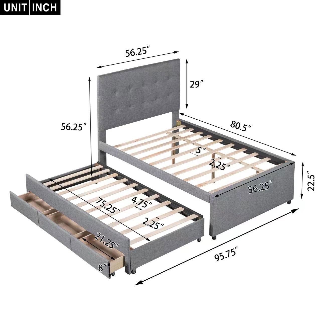 Full Size Upholstered Platform Bed With Pull Out Twin Size Trundle And 3 Drawers, Gray Full Gray Upholstered