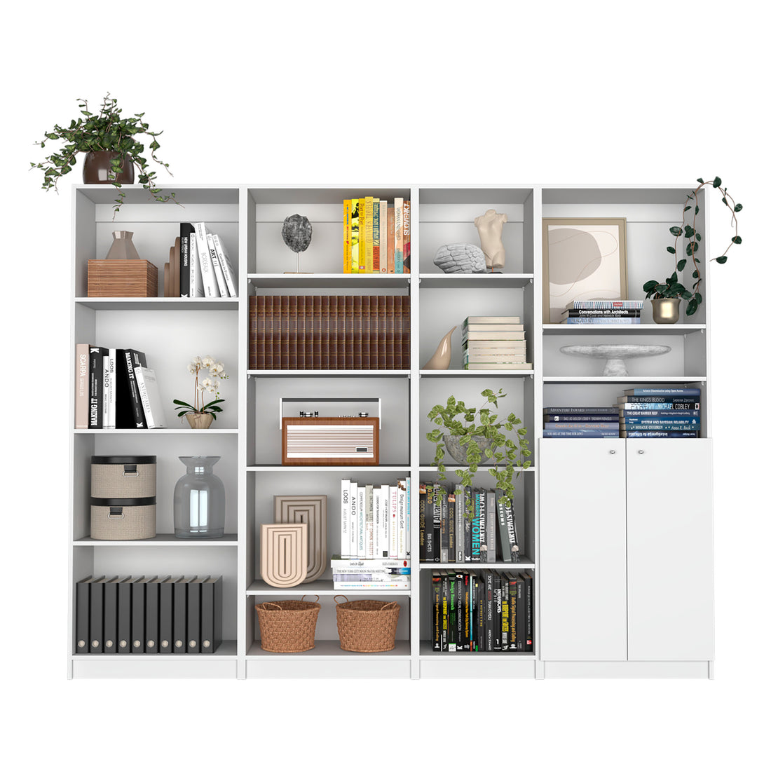 Dupree 4 Piece Home Bookcase Set, 91" Wide With 17 Shelves And A Double Door Cabinetliving Room Set White 5 Or More Shelves White Office Open Storage Space Modern Particle Board