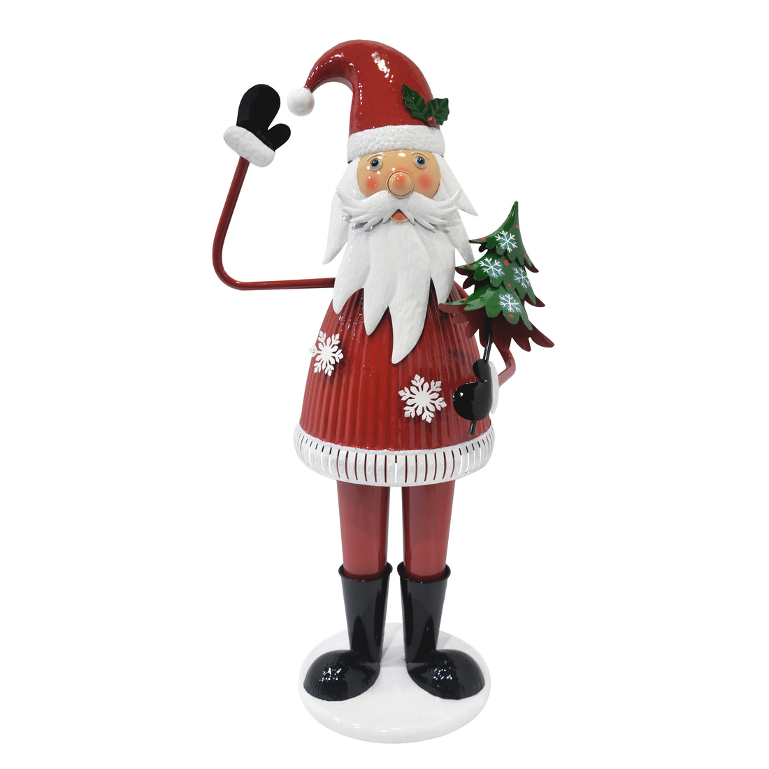 Cheerful Santa Claus Holding Tree And Waving Red Iron