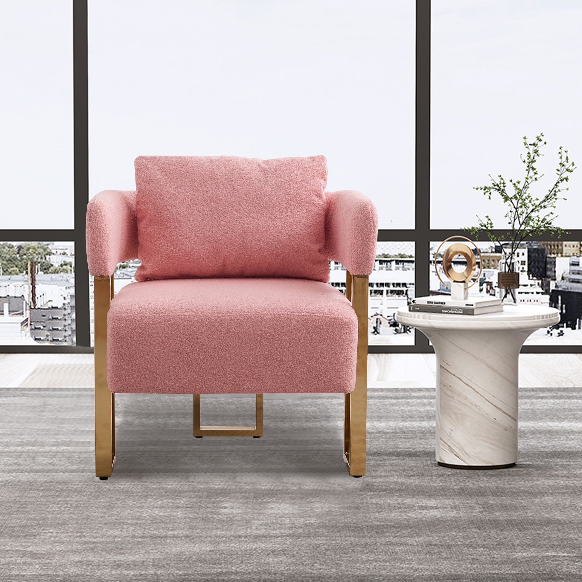 Ts Modern Decorative Chair, Living Room Side Chair With Gold Metal Legs, No Wheels, Suitable For Dressing Area, Reception Room, Office,Teddy Fleece Upholstered Metal Foot Sofas 2Pcs Pink Pink Teddy