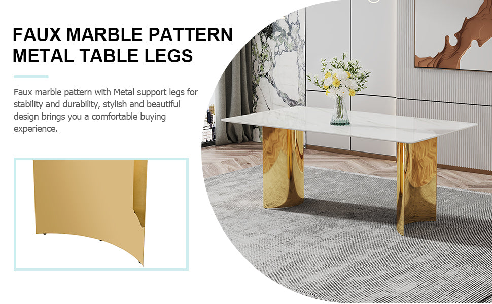 Table And Chair Set.The Table Has A Glass Tabletop With Imitation Marble Pattern Stickers And Stainless Steel Golden Table Legs. Paried With Comfortable Chairs With Pu Seats And Metal Legs. White Gold Seats 8 Glass Metal