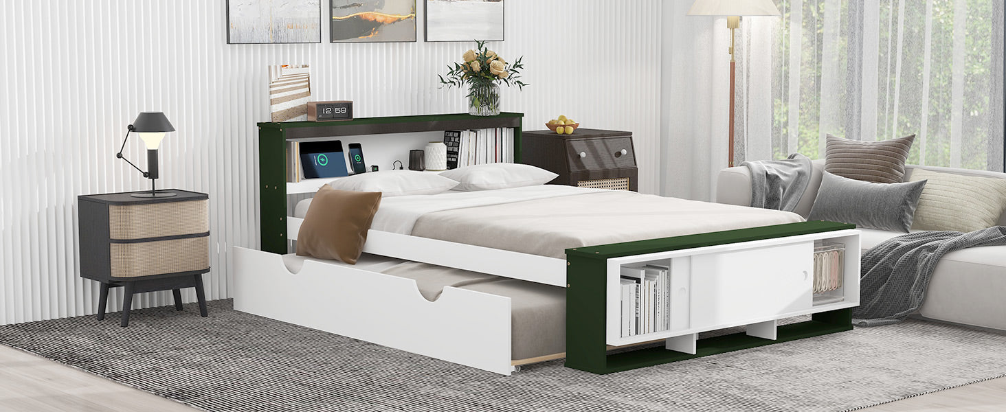 Full Size Platform Bed With Trundle,Storage Headboard And Footboard, Usb Charging Design,White Green Full White Green Solid Wood Mdf