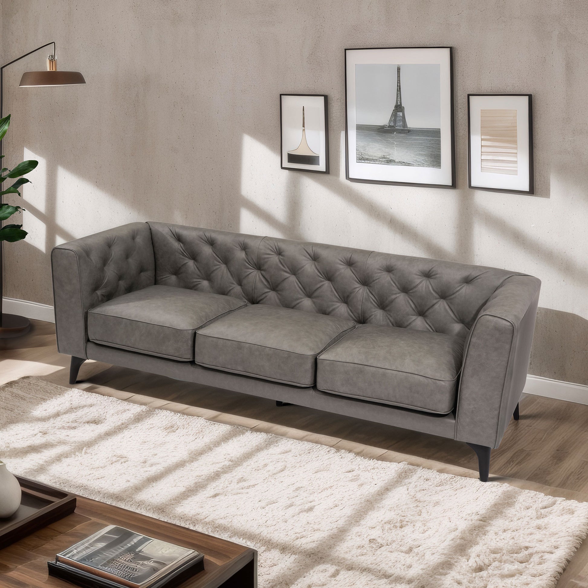 92.52 Inch Genuine Leather Couch 3 Seater Sofa With Tufted Back,Grain Leather Couch With Feather,Down Topper On Seating Surfaces Sofa For Living Room, Comfy Sofa Couch With Extra Deep Seats,Graphite Natural Graphite Genuine Leather 3 Seat