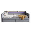 Twin Size Daybed With 2 Storage Drawers And 2 Tier Shelf & Usb Type C Port, Modern Linen Upholstered Sofa Day Bed Frame With Smart Led Light For Livingroom, Apartment,Light Grey Box Spring Not