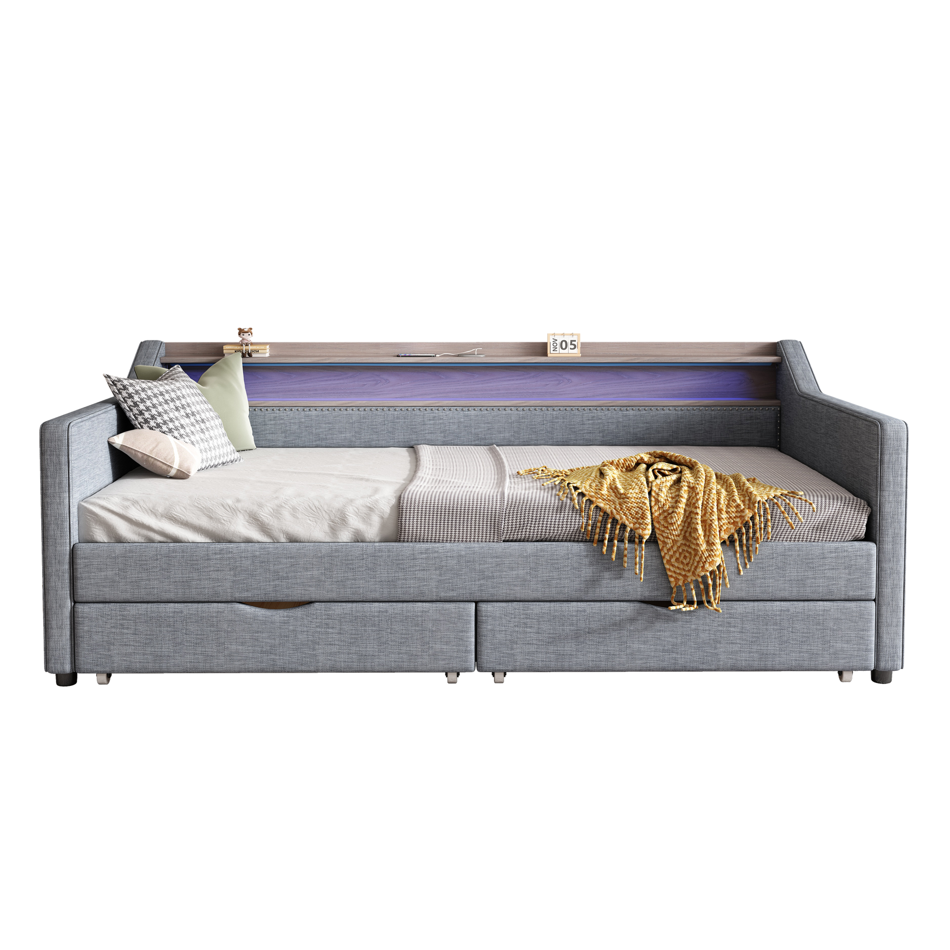 Twin Size Daybed With 2 Storage Drawers And 2 Tier Shelf & Usb Type C Port, Modern Linen Upholstered Sofa Day Bed Frame With Smart Led Light For Livingroom, Apartment,Light Grey Box Spring Not