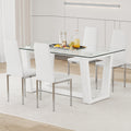 Table And Chair Set.A Rectangular Dining Table Features With Tempered Glass Top And Sleek White Mdf Stand.Paried With 4 Pu Chairs With Checkered Armless High Back And Electroplated Metal Legs. White Seats 4 Mdf Glass