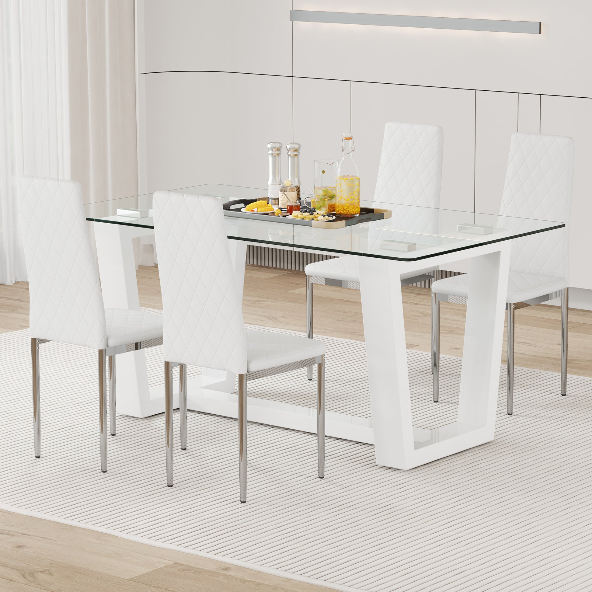 Table And Chair Set.A Rectangular Dining Table Features With Tempered Glass Top And Sleek White Mdf Stand.Paried With 4 Pu Chairs With Checkered Armless High Back And Electroplated Metal Legs. White Seats 4 Mdf Glass