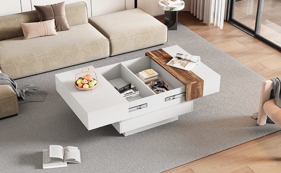 31.4'' X 31.4'' Square Coffee Table With Sliding Tabletop, High Gloss Center Table With Hidden Storage Compartment, Extendable Cocktail Table With Walnut Grain Finish For Living Room, White White Square Mdf