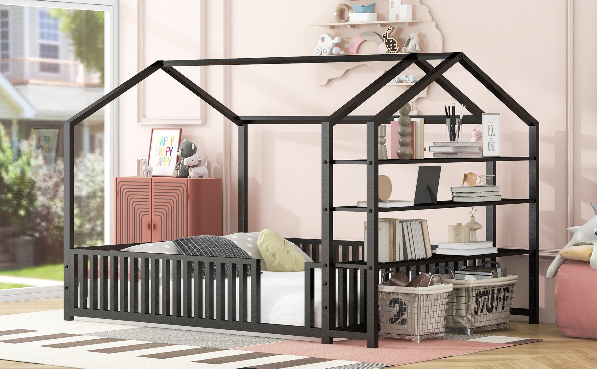 Full Size Metal House Bed With Fence And Detachable Storage Shelves, Black Full Black Metal