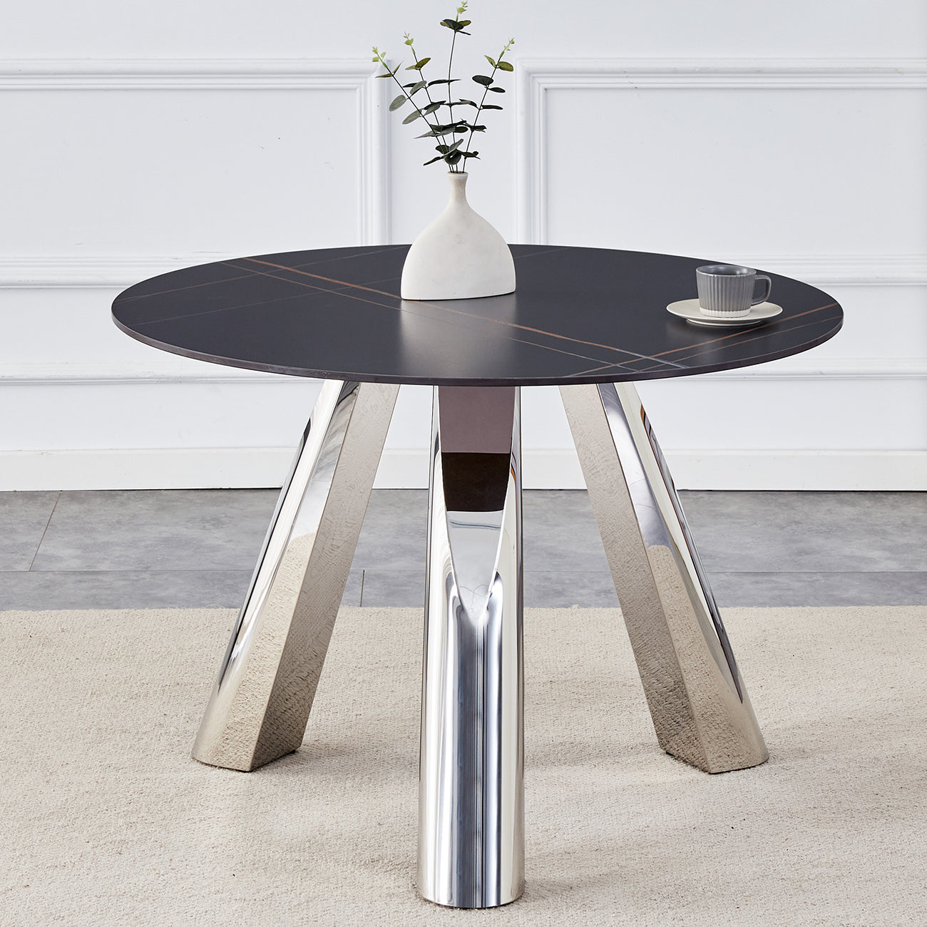 A 42 Inch Burn Stone Round Table With Stainless Steel Legs Can Accommodate 4 Or 6 Diners Black Natural Sintered Stone,Stainless Steel