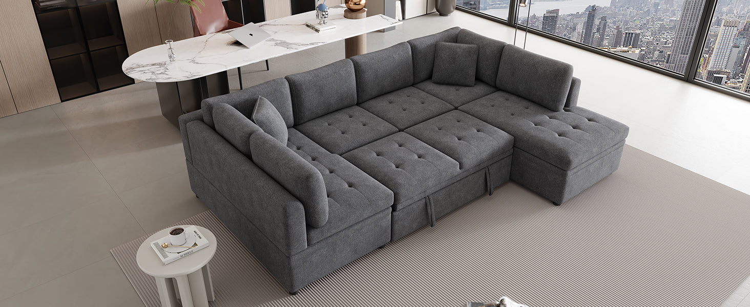 117.3" Oversized Sectional Sofa U Shaped Sofa Couch Pull Out Sofa Bed With Two Throw Pillows For Living Room, Gray Gray Foam Chenille 4 Seat