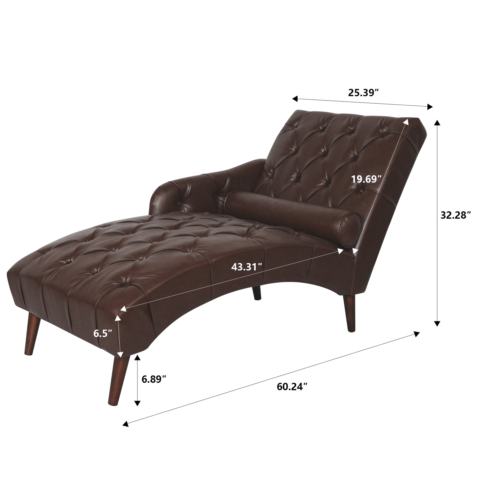 Chaise Lounge Arm Chair Indoor With Pillow And Solid Wood Legs, Leisure Accent Soft Chair With Tufted Back And Arm,Upholstered Chaise Couch Chair For Living Room, Bedroom,Dark Brown Pu Dark Brown Pu