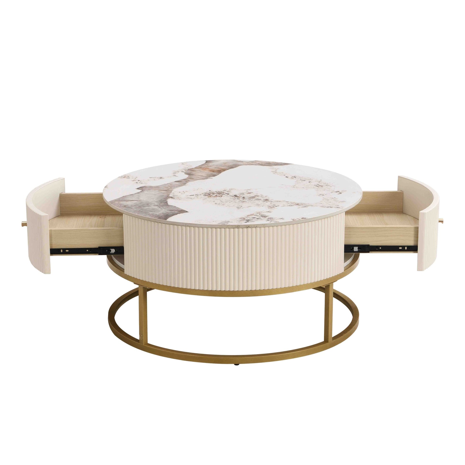 31.5 Inch Modern Round Coffee Table With Drawers, Marble Table With Storage, Coffee Table For Living Room White Coffee & End Tables Iron