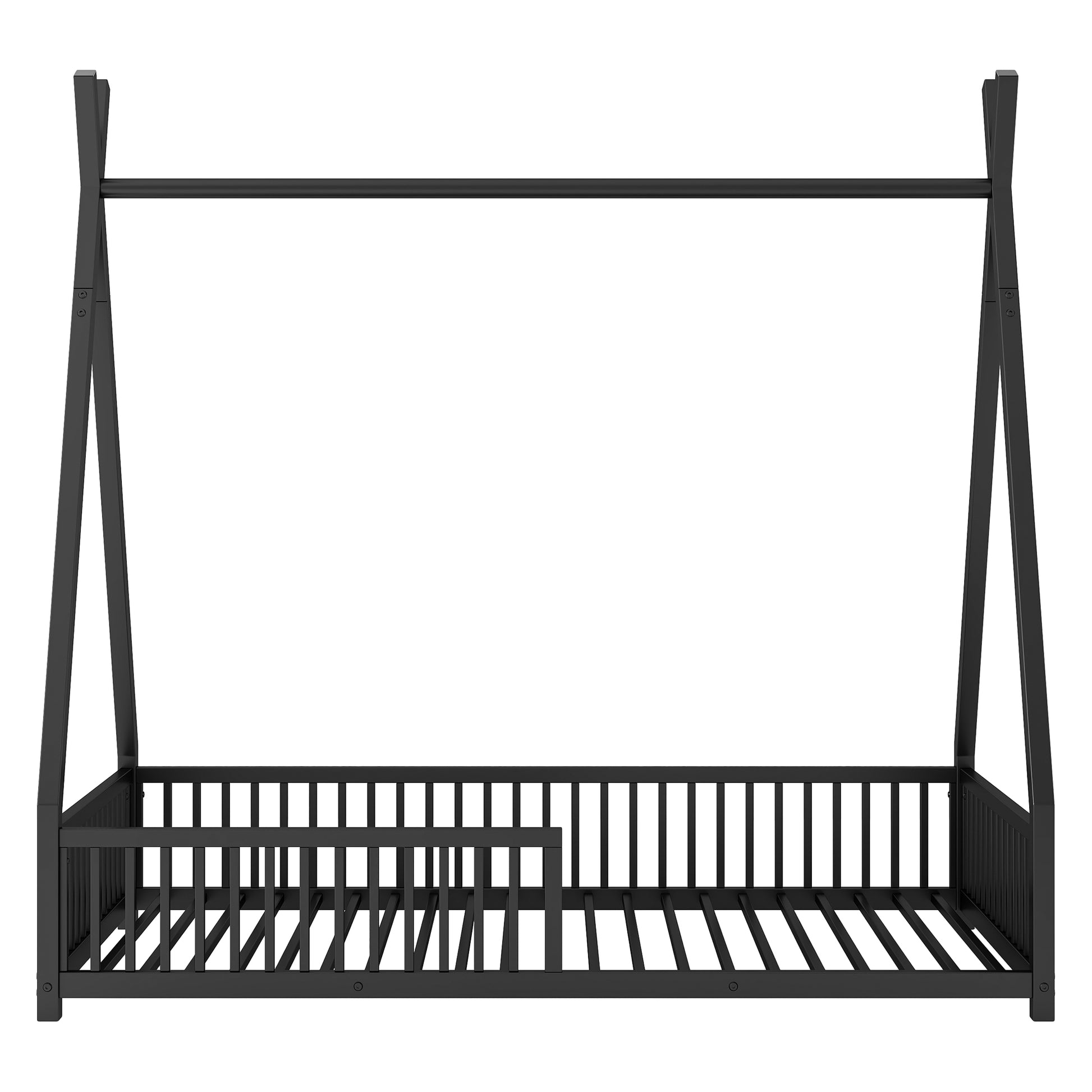 Metal Twin Size House Platform Bed With Triangle Structure And Guardrail, Black Expected Arrival Time: 9.7 Box Spring Not Required Twin Black Metal Metal