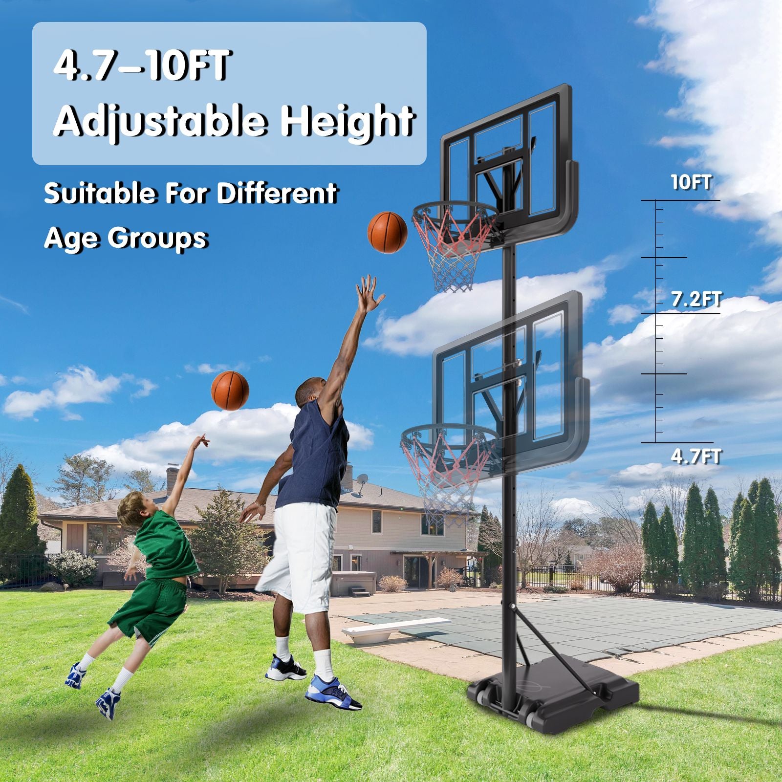 Basketball Hoop Basketball System 4.76 10Ft Height Adjustable With 4 Basketball, Net Pocket, Inflator Set Black Metal