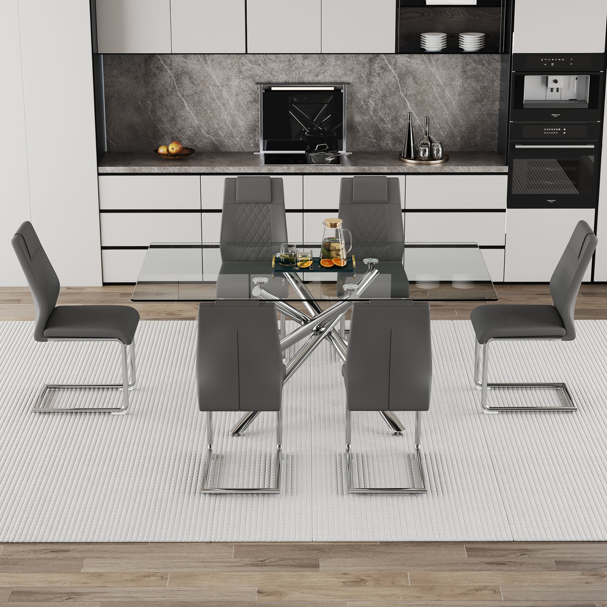 Table And Chair Set.Modern Luxurious Transparent Tempered Glass Dining Table Set With 6 Chairs.Single Fork Silver Metal Table Legs.Dark Gray High Quality Pu Dining Chairs With Silver Metal Legs.