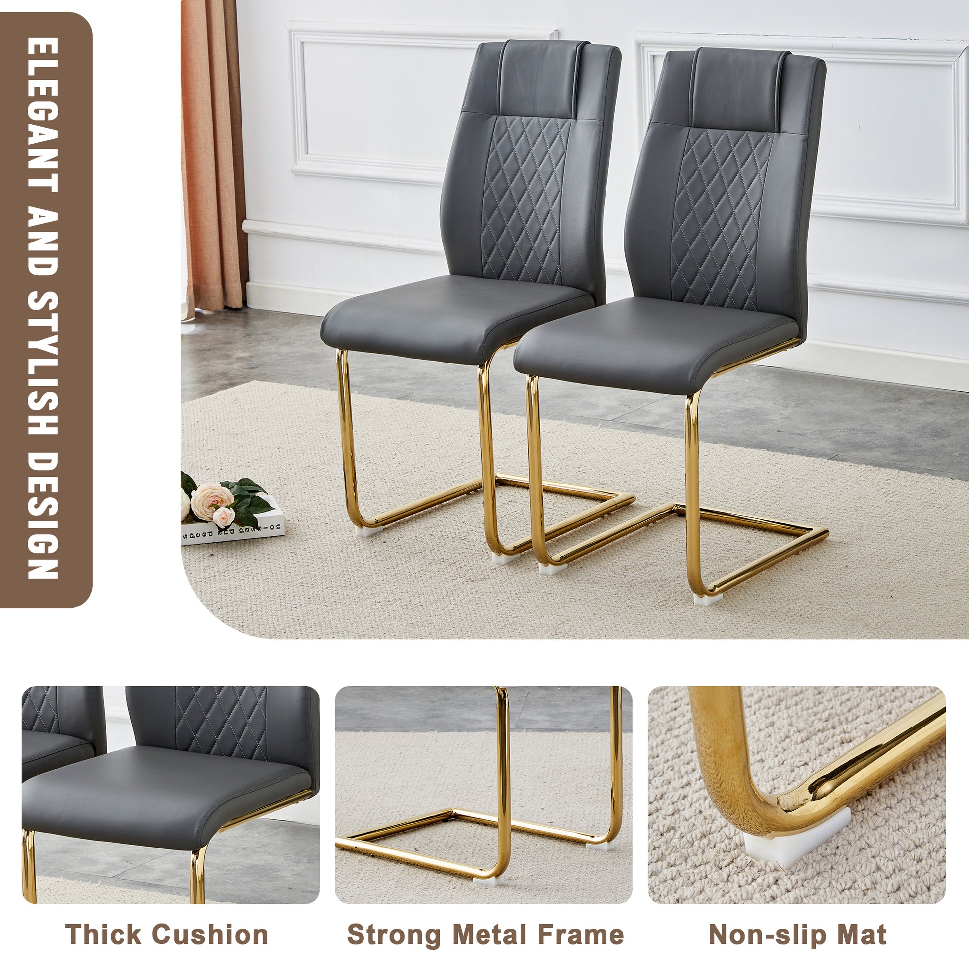 Table And Chair Set.The Table Has A Glass Tabletop With Imitation Marble Pattern Stickers And Stainless Steel Golden Table Legs. Paried With Comfortable Chairs With Pu Seats And Metal Legs. White Gold Seats 8 Glass Metal