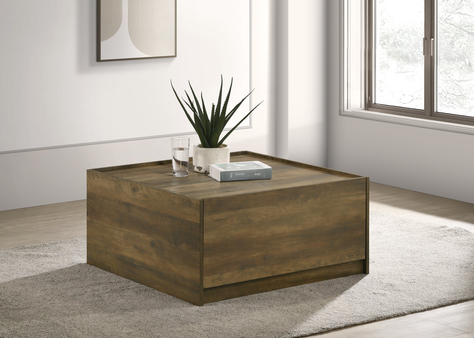 Travon 31.5"W Oak Finish Square Coffee Table With 2 Drawers Oak Engineered Wood