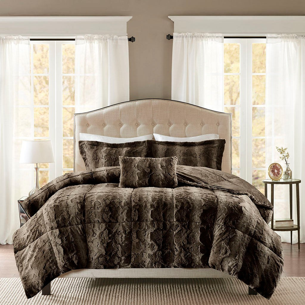4Pc Faux Fur Comforter Set King Dark Brown Polyester