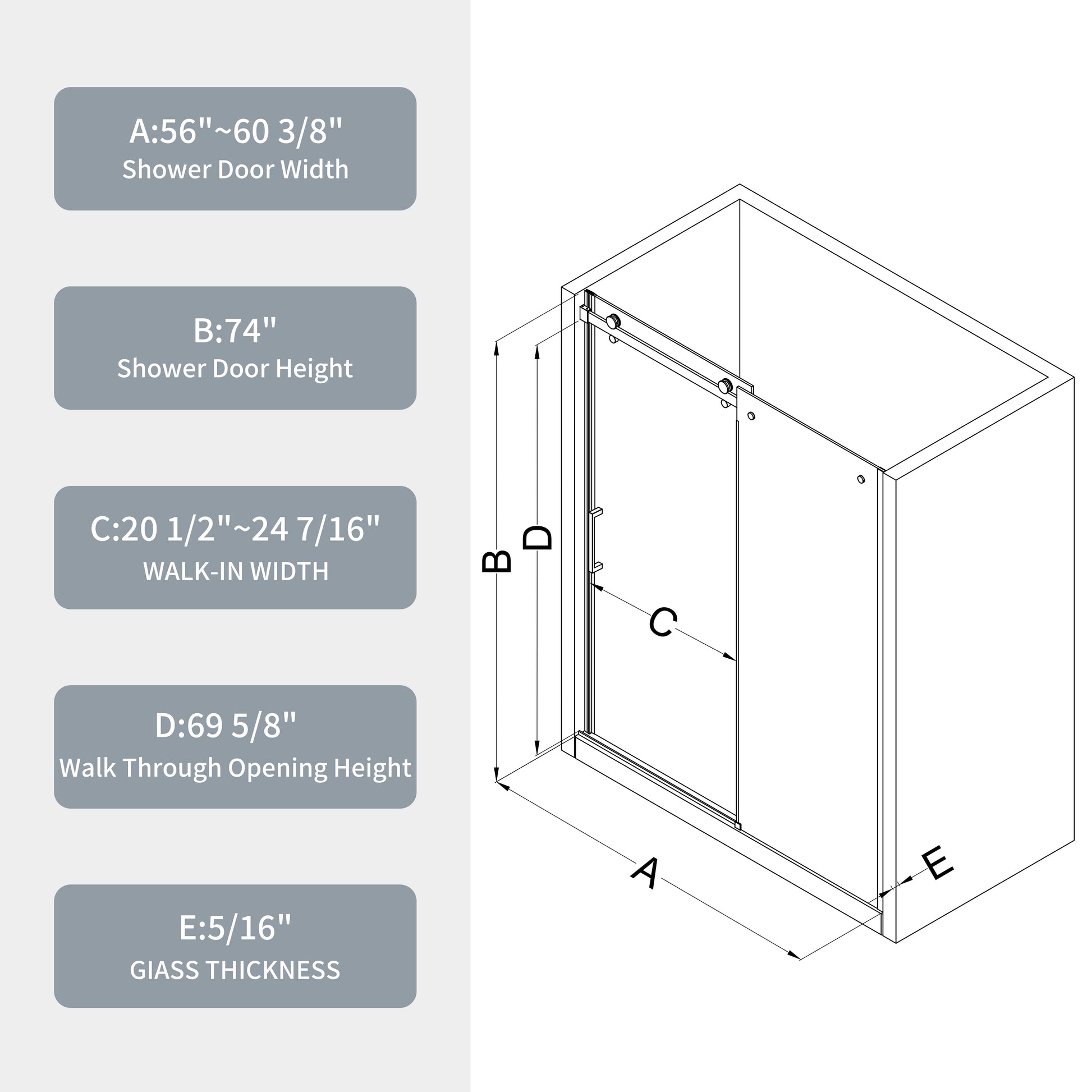 Glass Shower Door, Sliding Door, With 5 16" Tempered Glass And Polished Chrome Finish 6074 Chrome Bathroom Aluminium Alloy