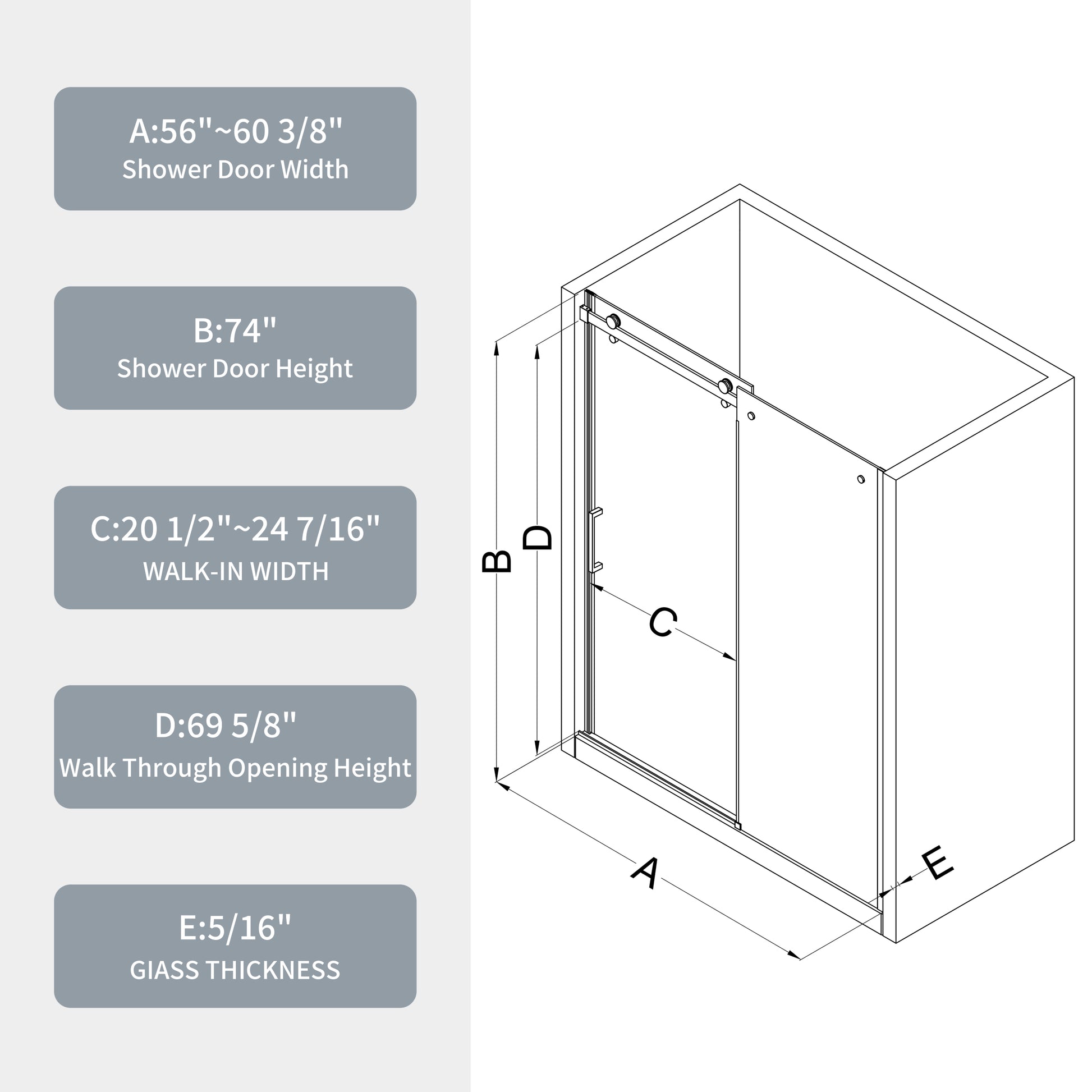 Glass Shower Door, Sliding Door, With 5 16" Tempered Glass And Matted Black Finish Matte Black Bathroom Aluminium Alloy