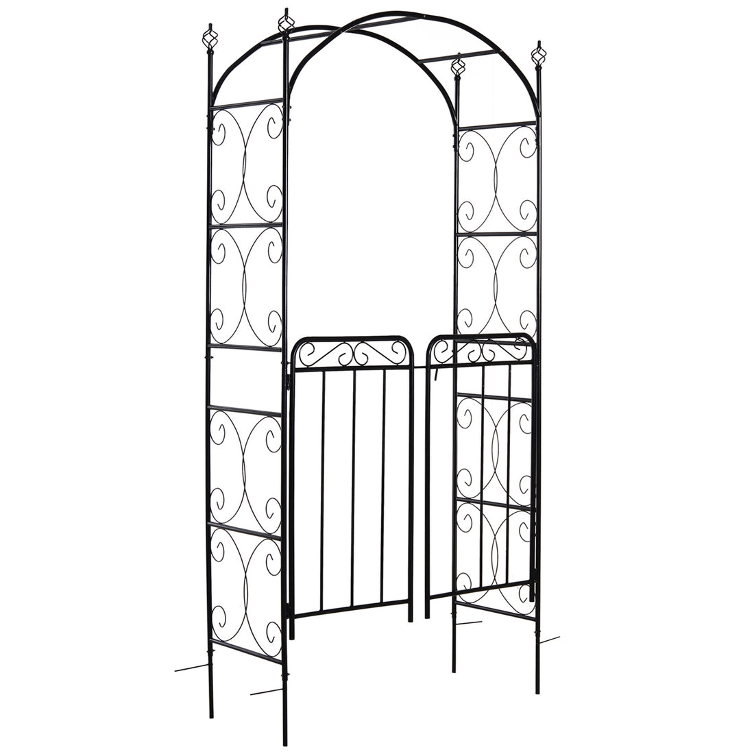 Outsunny 84" Garden Arch Arbor With Gate, Metal Arch Trellis, Garden Archway For Climbing Vines, Wedding Ceremony Decoration, Flourishes & Arrow Tips, Black Black Metal