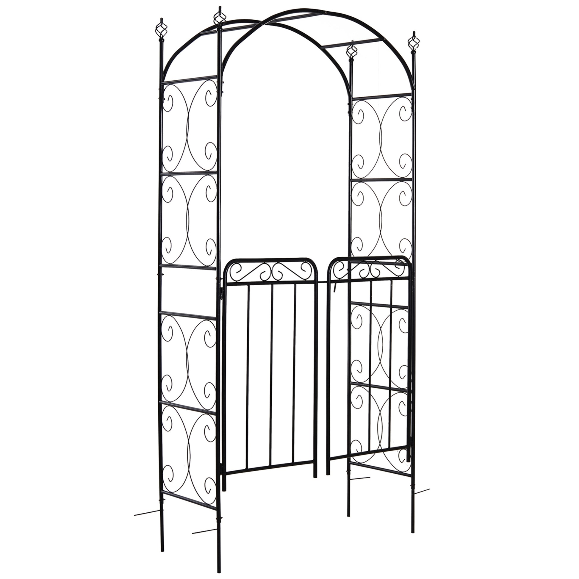 Outsunny 84" Garden Arch Arbor With Gate, Metal Arch Trellis, Garden Archway For Climbing Vines, Wedding Ceremony Decoration, Flourishes & Arrow Tips, Black Black Metal