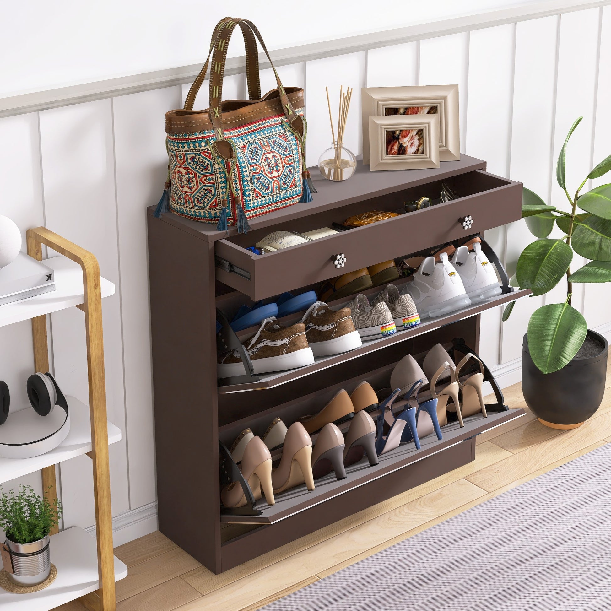 Mirror Shoe Cabinet With 2 Tier Drawers, Mirror Shoe Rack With 1 Drawer Storage, Mirror Shoe Organizer With 2 Layers In A Drawer For Entrance, Entryway, Bedroom,Brown Finish 1 2 Drawers Brown Brown Primary Living Space Glass Doors Mdf Glass