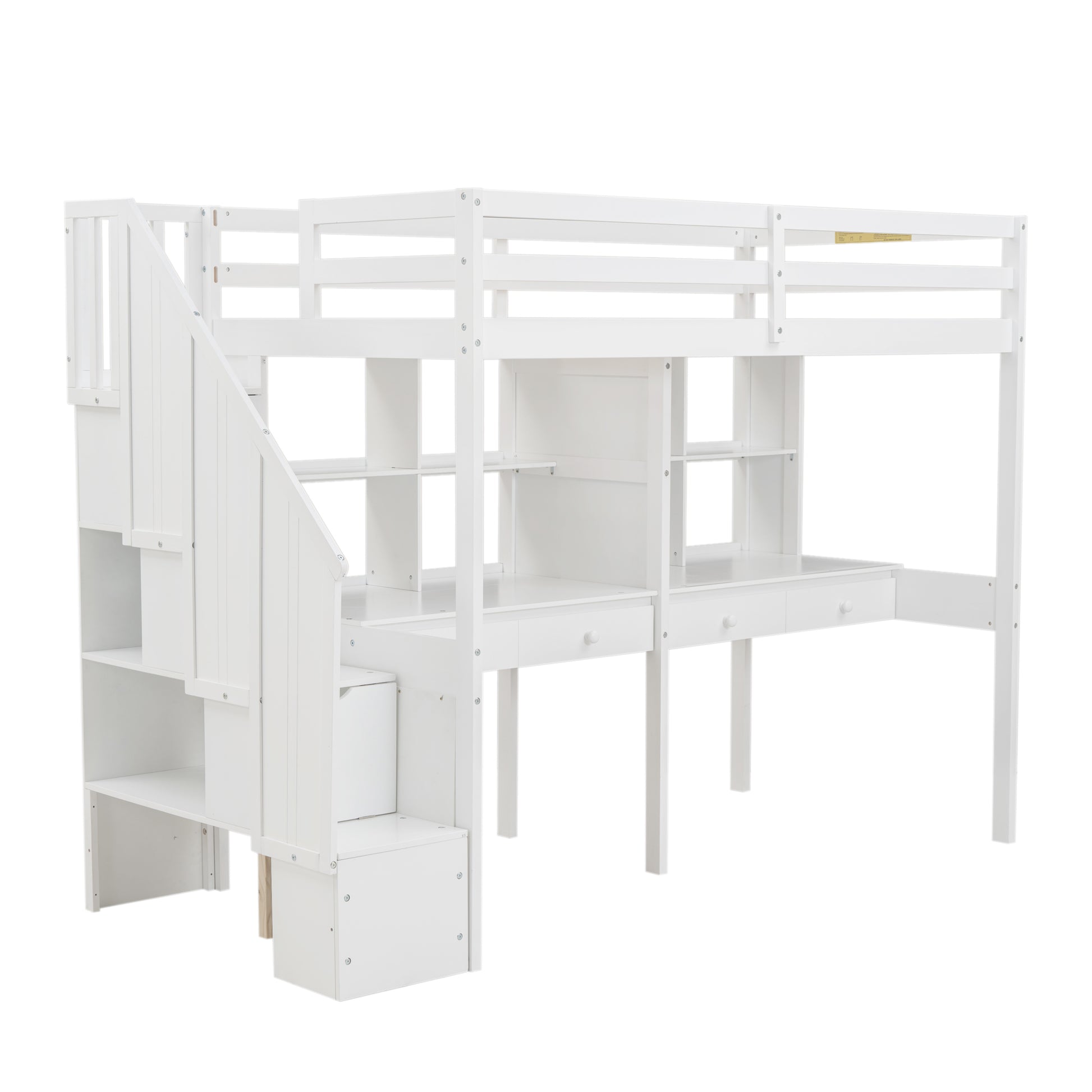 Twin Size Loft Bed Frame With Storage Staircase And Double Desks And Shelves,White Twin White Solid Wood Mdf