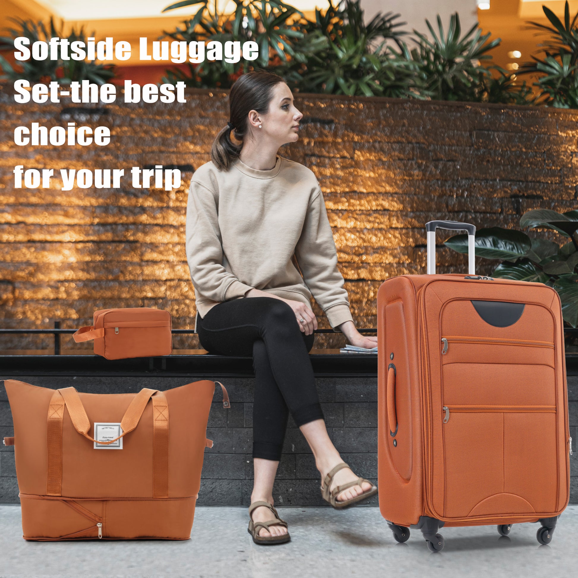 Softside Luggage Expandable 3 Piece Set Suitcase With Duffel Bag Upright Spinner Softshell Lightweight Luggage Travel Set Orange Polyester