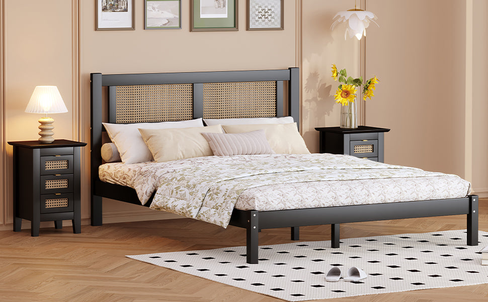 3 Pieces Bedroom Sets Full Size Wooden Platform Bed With Natural Rattan Headboard, Nightstands Set Of 2 With Rattan Woven Surfaces And Three Drawers For Bedroom, Black Black Particle Board