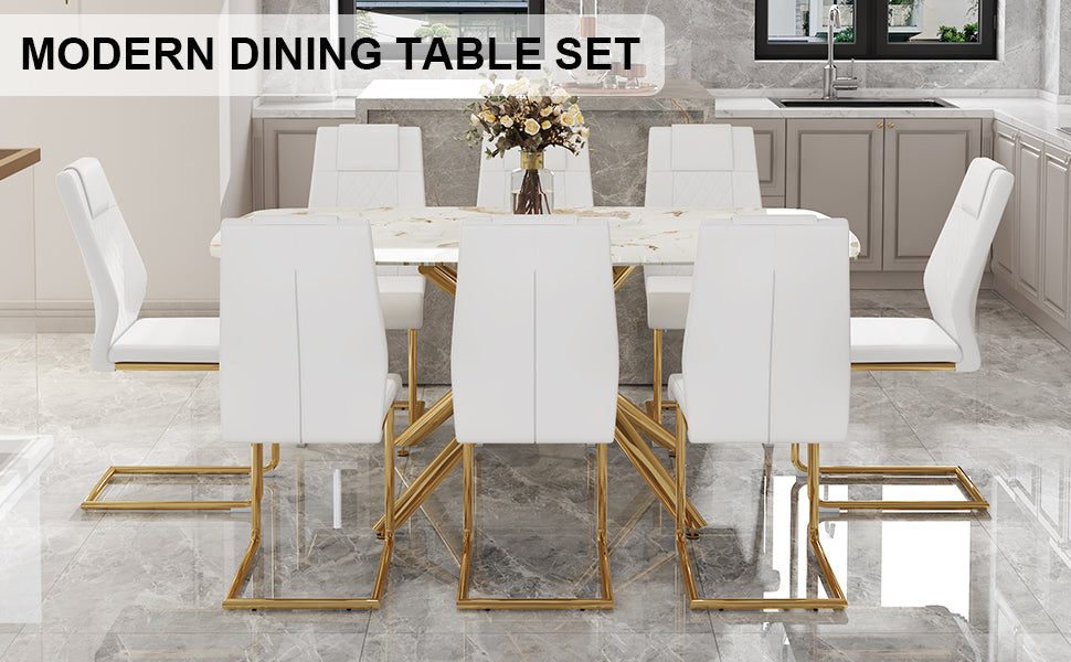 Table And Chair Set.Modern Luxurious Tempered Glass Dining Table Set With Gold Metal Legs And 8 Pu Chairs.White Marble Patterned Sticker Tabletop,White Chairs With Gold Metal Legs. White Gold Seats