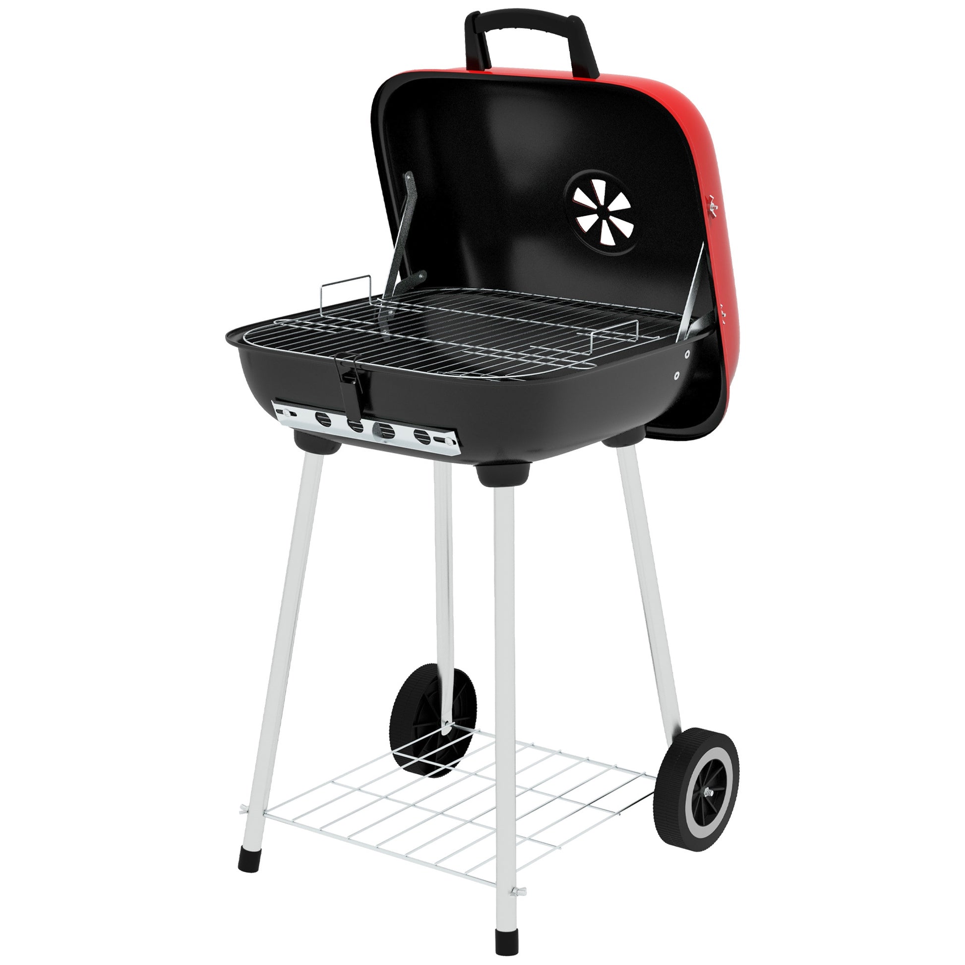 Outsunny Portable Charcoal Grill With Bottom Shelf, Bbq Smoker With Wheels And Adjustable Vents On Lid For Picnic Camping Backyard Cooking, Black Red Steel