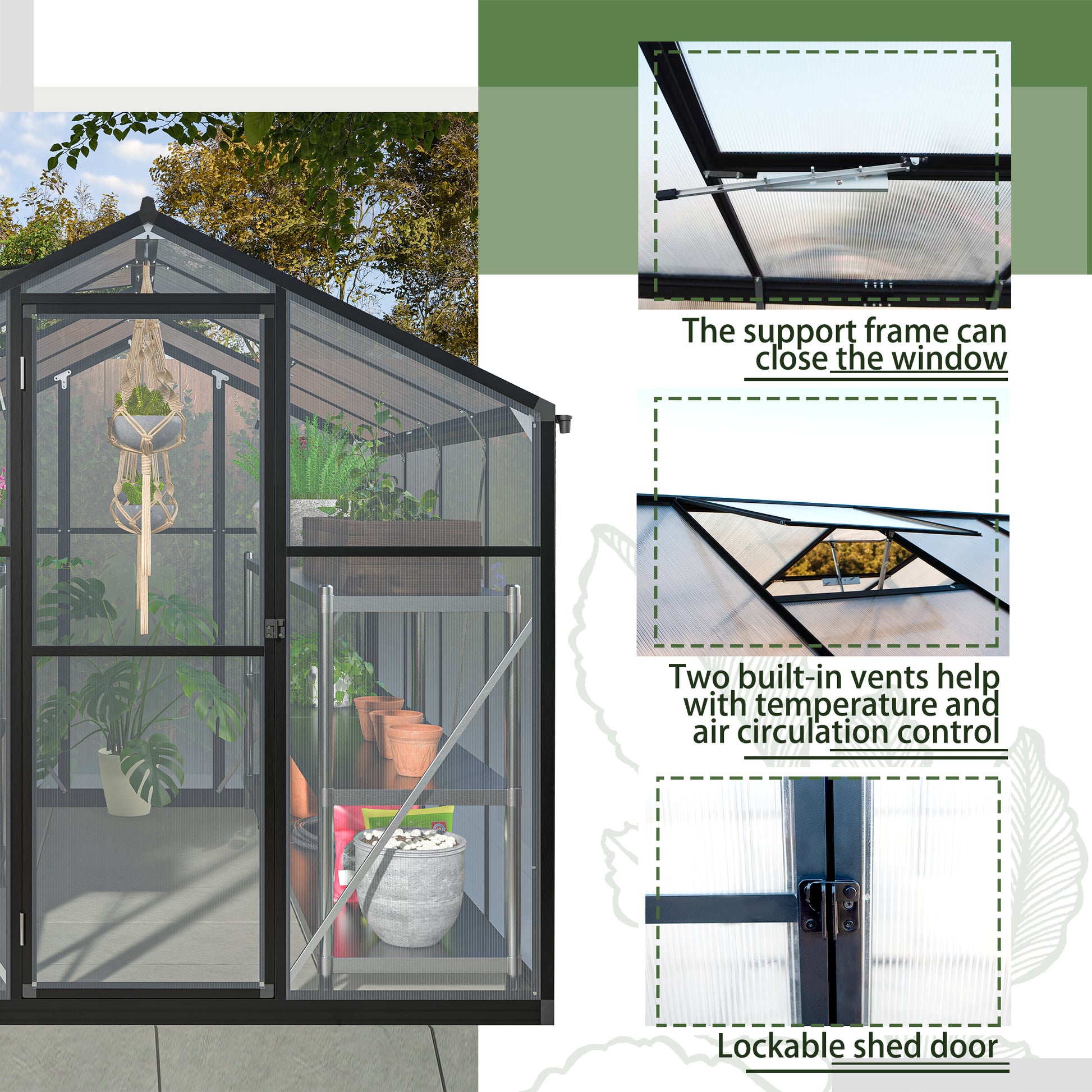 6X8 Ft Greenhouse For Outdoors, Polycarbonate Greenhouse With Quick Setup Structure And Roof Vent, Aluminum Large Walk In Greenhouse For Outside Garden Backyard, Black Black Aluminium