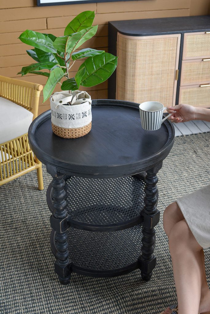 D23.5 X 25" Round Three Tiered Side Table With Rattan Shelf, Black Black Wood