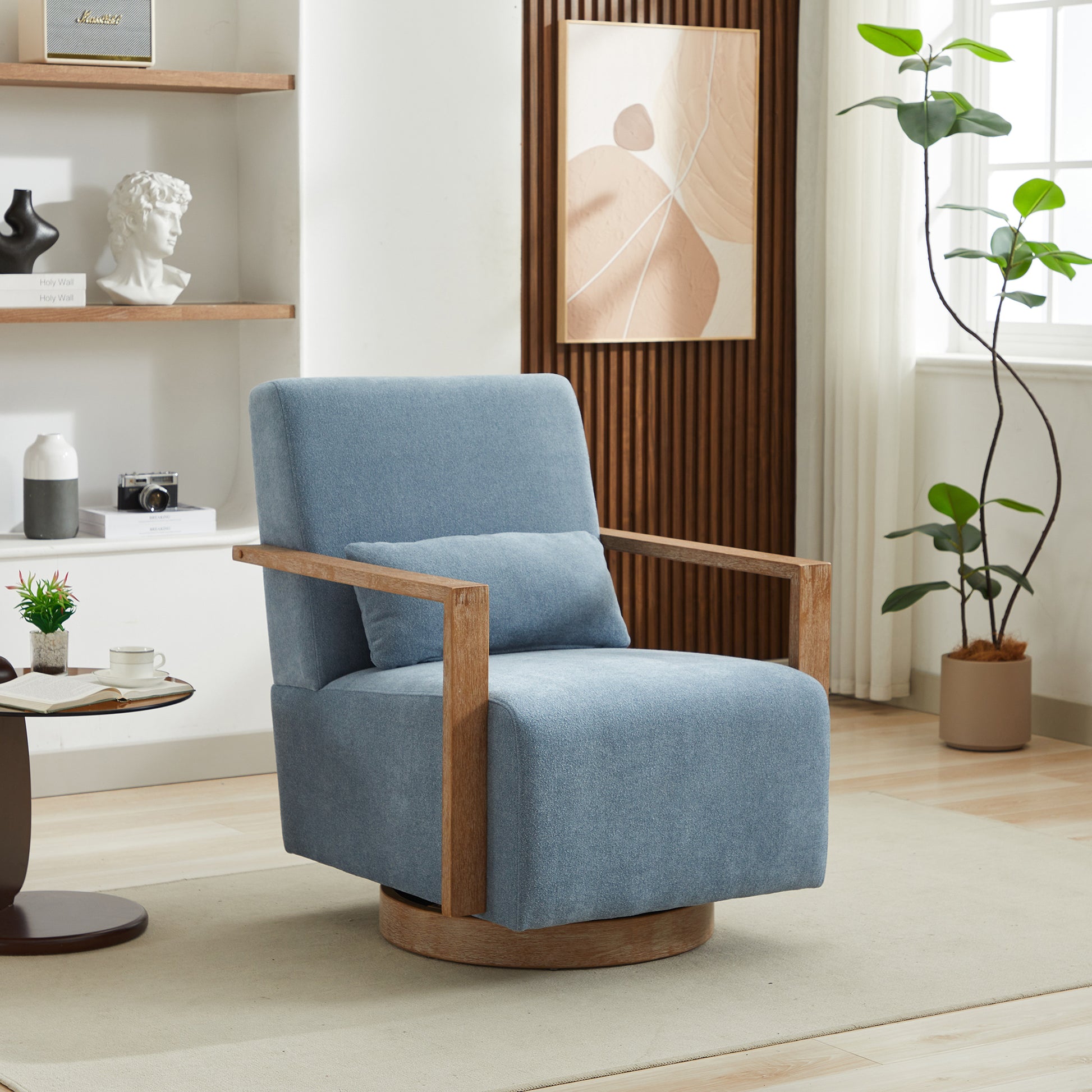 30.3"W Swivel Modern Upholstered Accent Chair With Solid Wood Armrests And 360 Degree Comfy Lounge Reading Chair, Side Armchair For Hotel, Bedroom, Living Room, Office, And Nursery Room.Pale Blue Blue Linen Blend