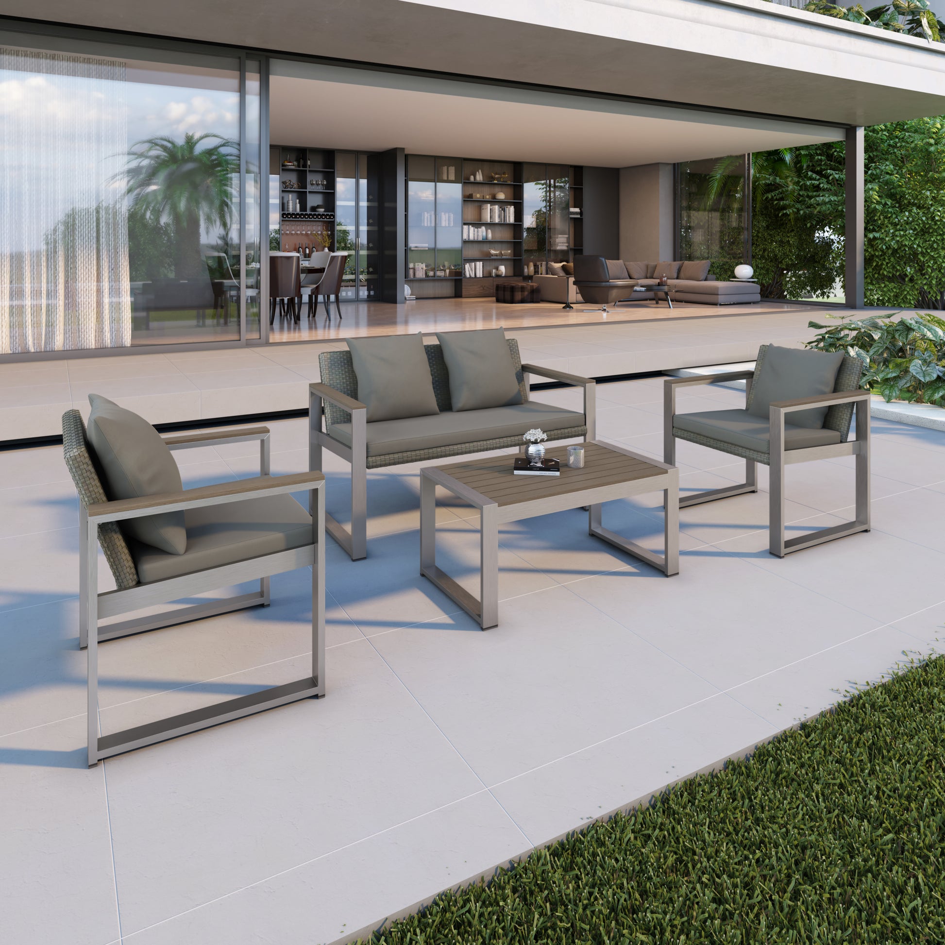 Aluminum And Rattan Modern 4 Piece Sofa Seating Group For Patio Garden Outdoor Yes Complete Patio Set Gray Silver Mildew Resistant Frame Fade Resistant Cushion Garden & Outdoor Modern Complete Patio Sets Aluminium Aluminium