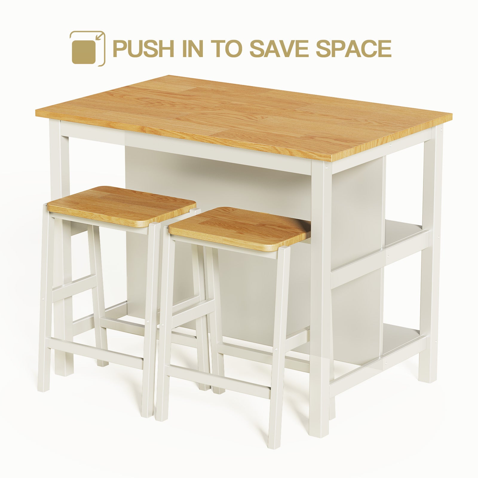 3 Pcs Dining Table Set Rustic Retro Breakfast Table Dining Stools Rubber Wood For 2 With Two Open Shelves For Small Space Kitchen Dining Room Cream White White Rubber Wood
