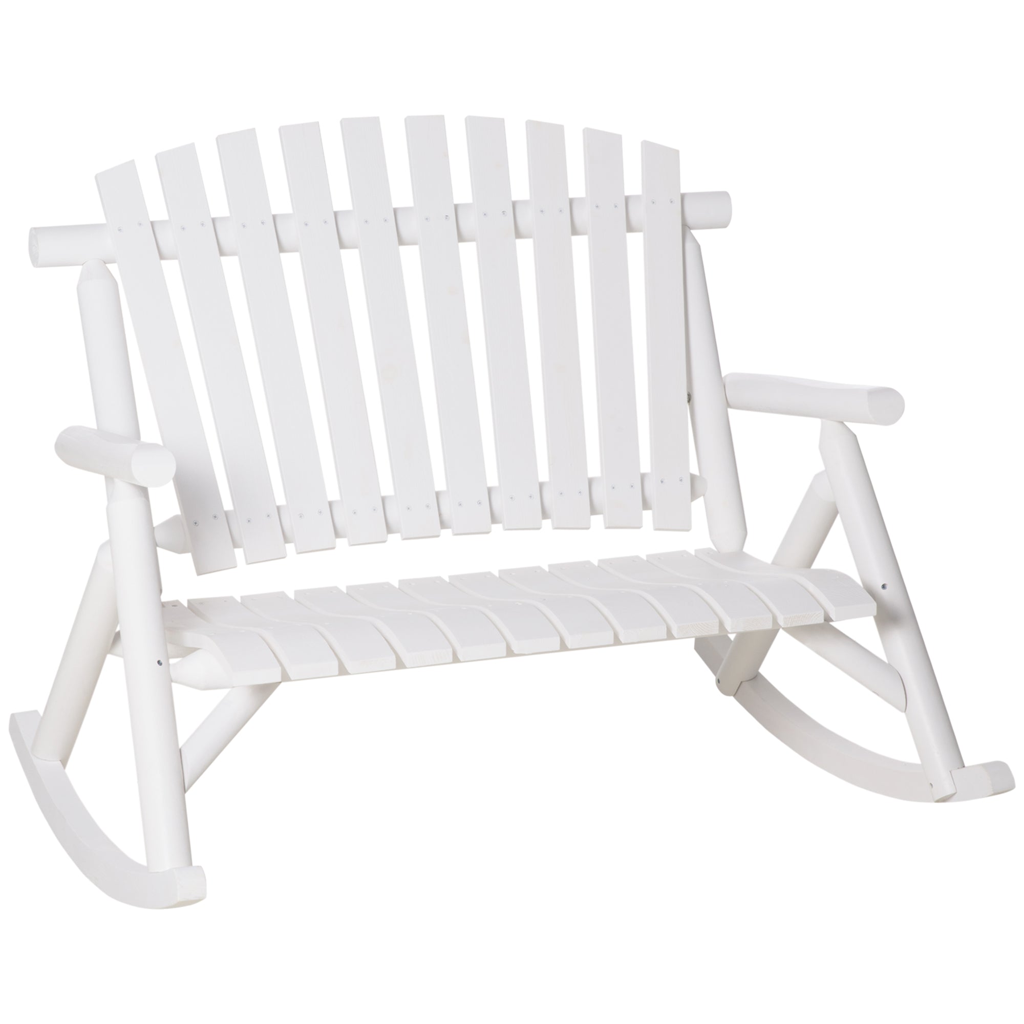 Outsunny Outdoor Wooden Rocking Chair, Double Person Rustic Adirondack Rocker With Slatted Seat, High Backrest, Armrests For Patio, Garden And Porch, White White Wood