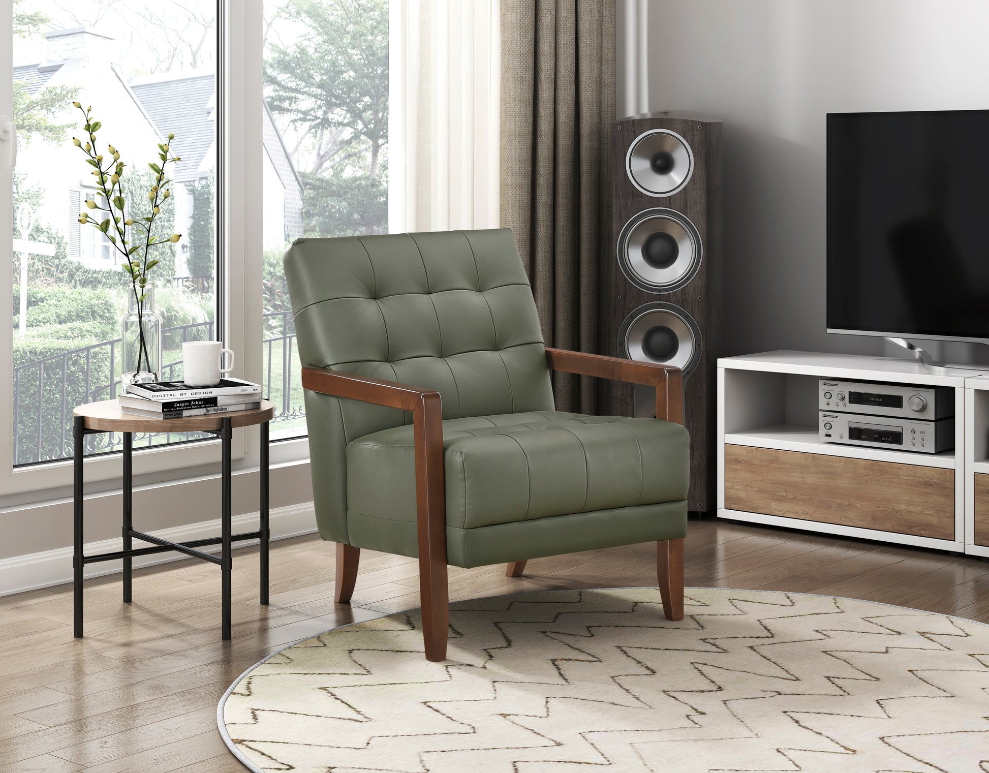 Modern Style Accent Chair Green Leather Upholstered Tufted Detail Walnut Finish Wood Furniture 1Pc Green Primary Living Space Contemporary,Modern Plywood