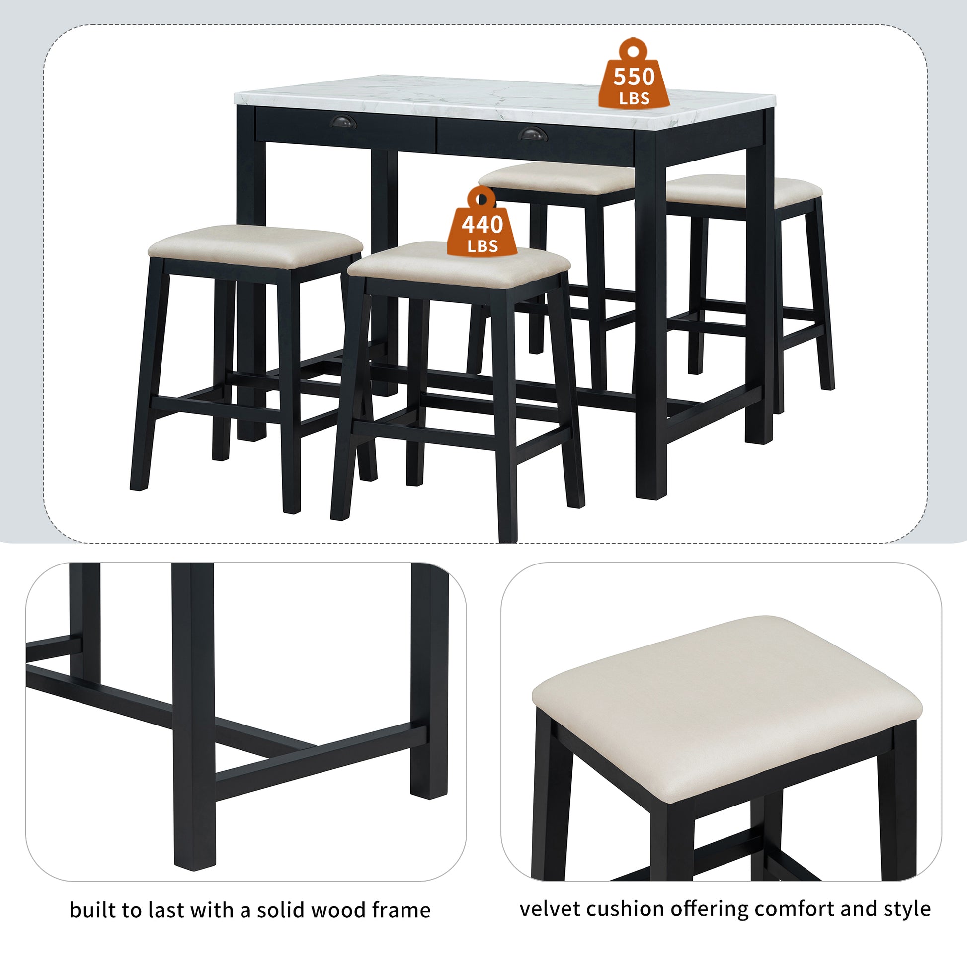 5 Piece Modern Faux Marble Versatile Bar Table Set With Storage Drawers And Padded Stools, Ideal For Space Saving Dining Nooks Or Small Kitchens Black Black Solid Wood Mdf