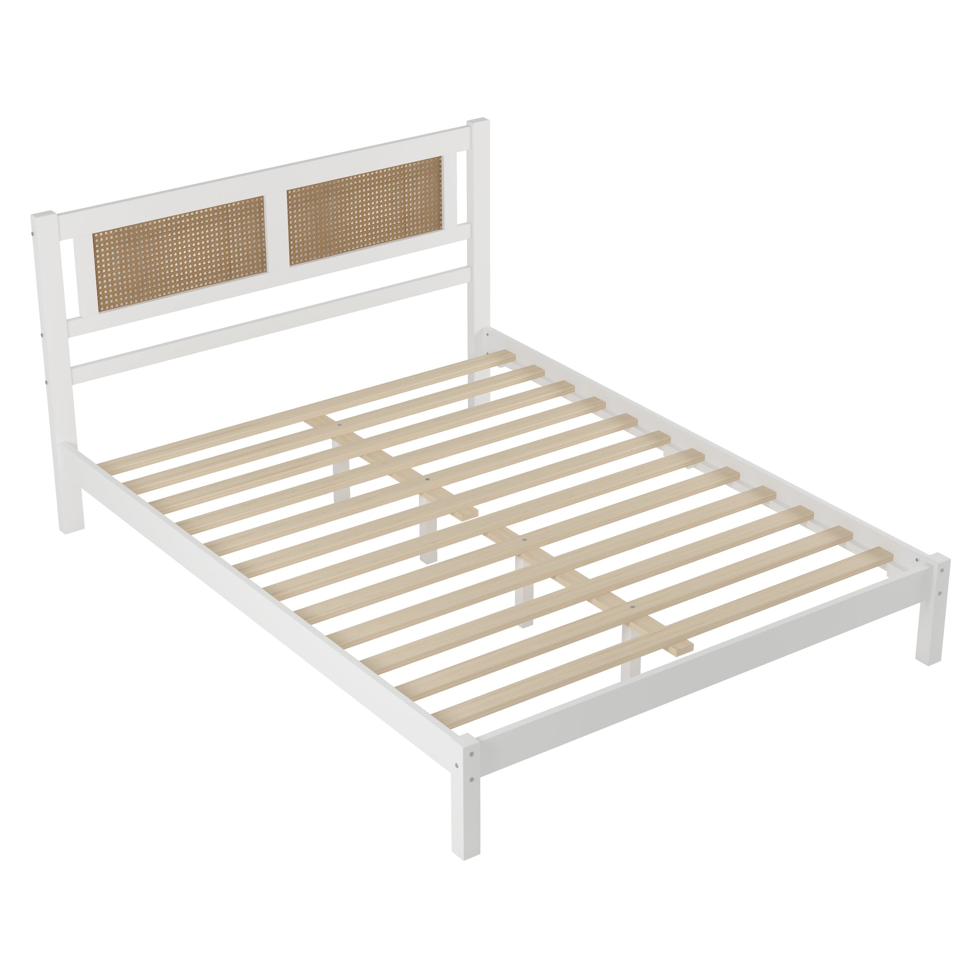 Queen Size Wood Platform Bed With Natural Rattan Headboard,Exquisite Elegance With Minimalist Charm For Bedroom,White White Particle Board