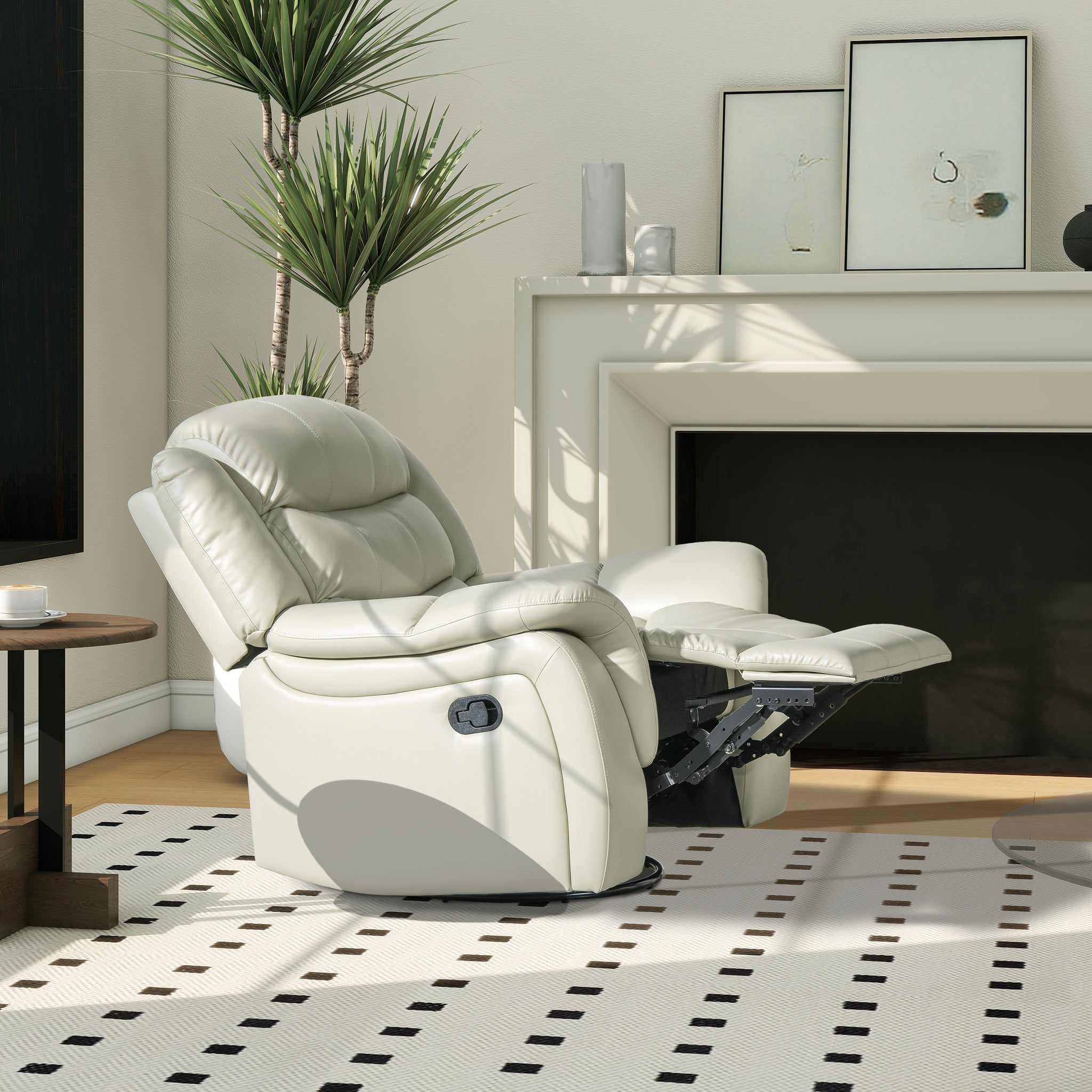 Rover 41.5" Swivel Glider Push Back Manual Recliner Arm Chair, Parchment Cream Off White Faux Leather White Foam Faux Leather