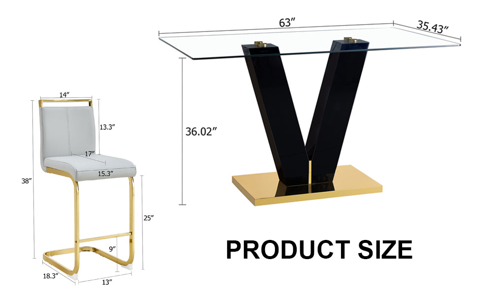 Table And Chair Set,Clear Tempered Glass And Black Legs Of The Table, Pu And Gold Legs Of The Chair Black Grey Seats 6 Tempered Glass