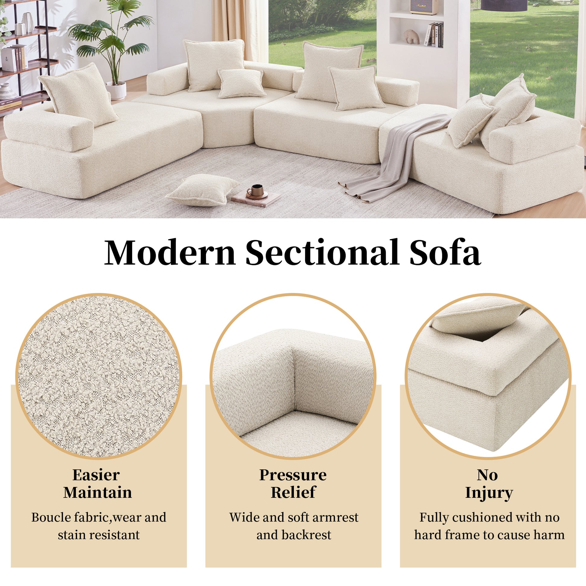 Lounge Frame For Oversized Modular U Shaped Sectional Sofa,Luxury Boucle Floor Couch Set,Convertible Sleeper Couch,Spacious Foam Filled Sofa Bed For Living Room Beige Boucle 1 Seat