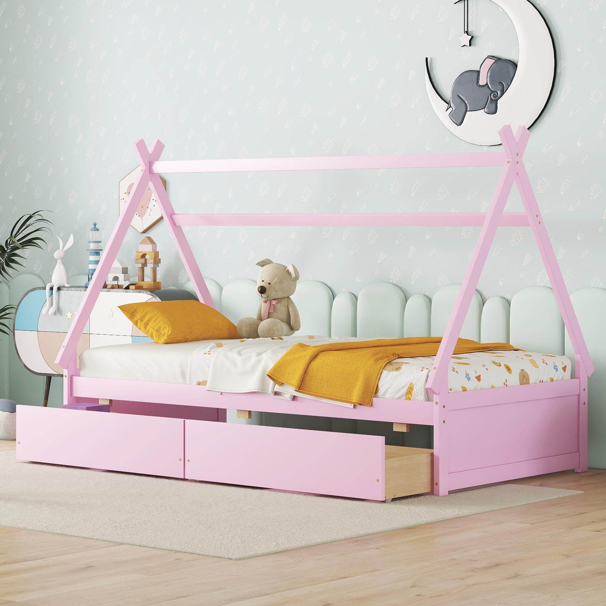 Twin Size House Platform Bed With Two Drawers,Headboard And Footboard, Pink Twin Pink Pine