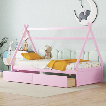 Twin Size House Platform Bed With Two Drawers,Headboard And Footboard, Pink Twin Pink Pine