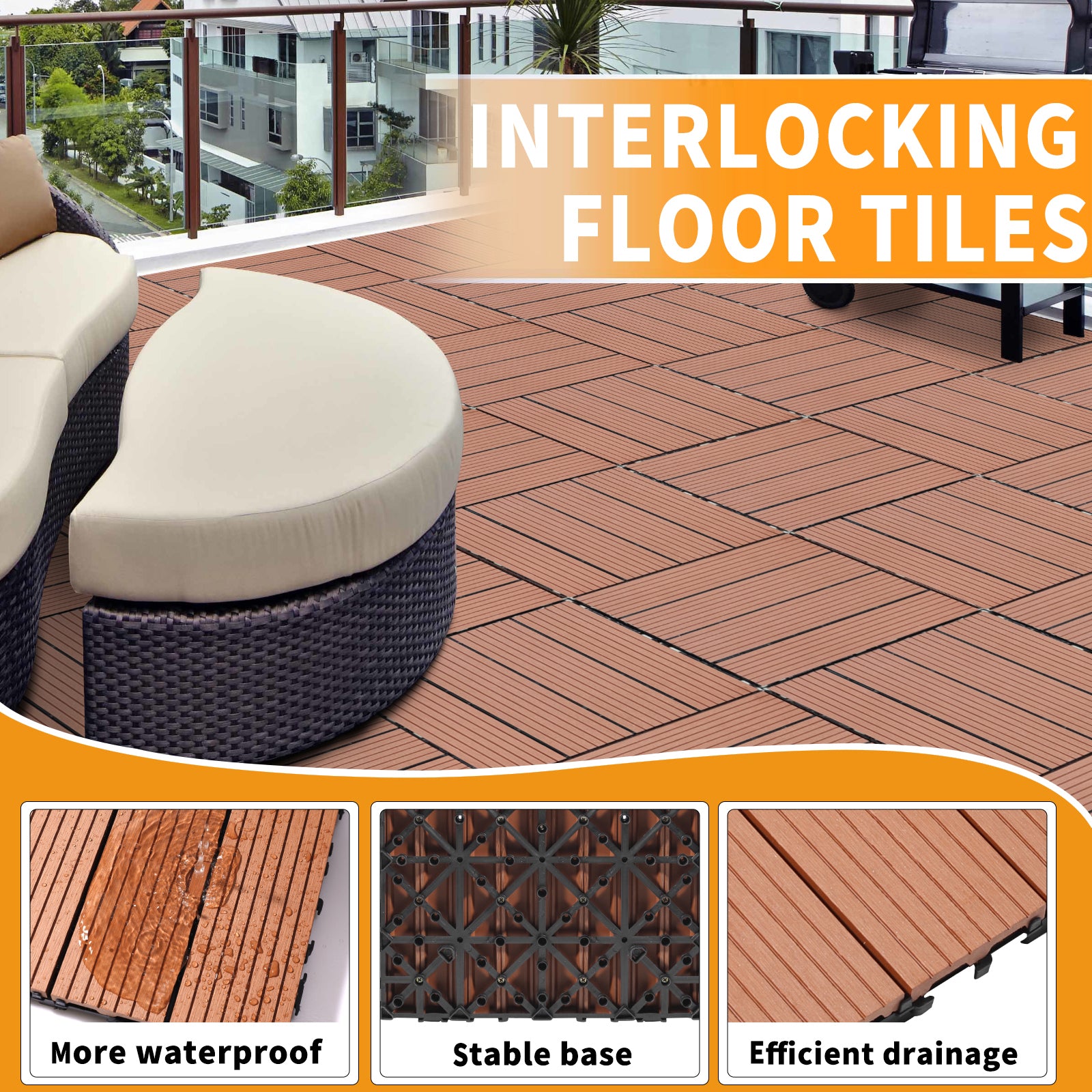 Wood Plastic Composite Deck Tiles Set Of 20, Sustainable Fsc Composite Decking Resist Rust, Water, Weather, Easy To Diy & Maintain, Ideal For Patios, Balconies, Rooftops, Mahogany Colour Mahogany Wood Plastic