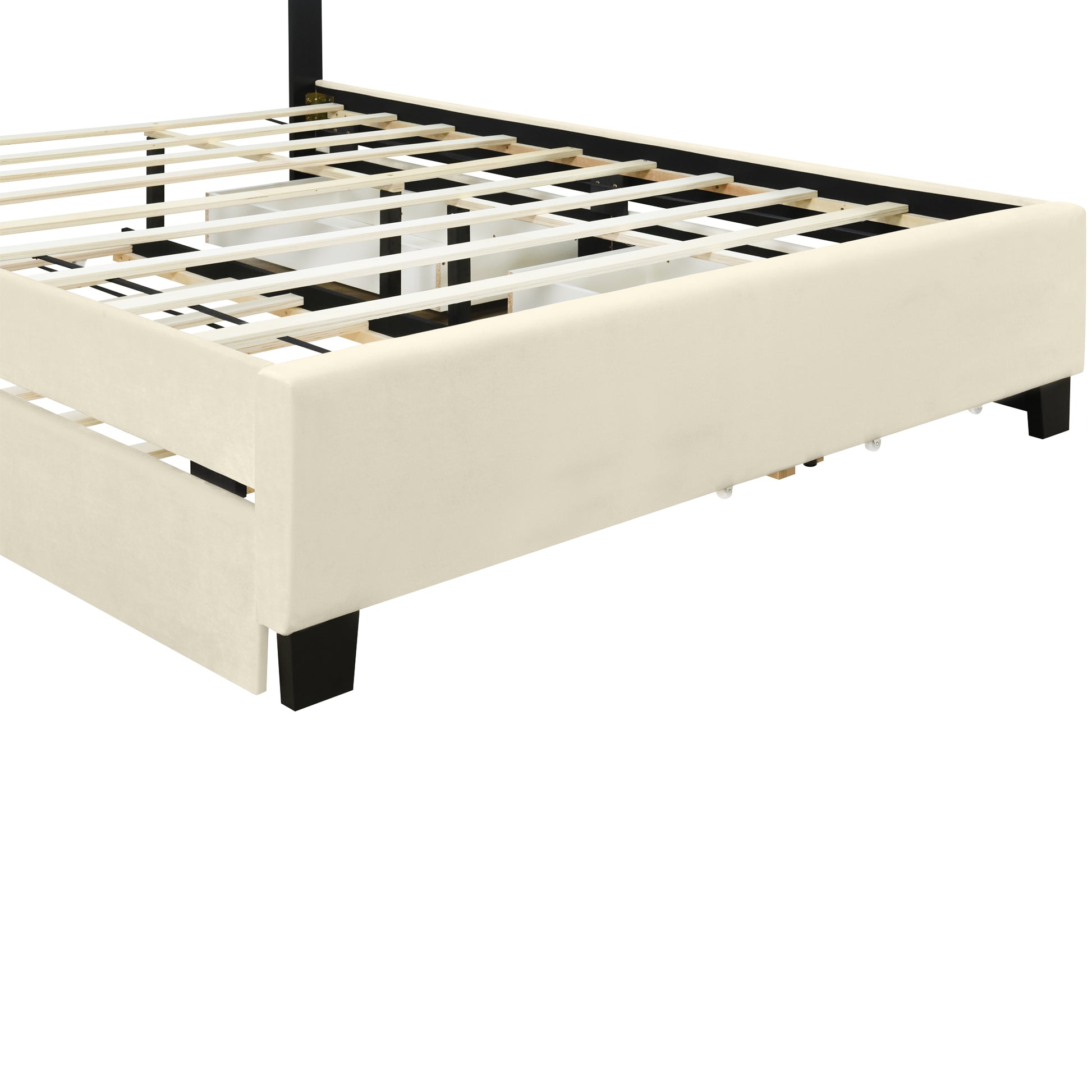 Queen Size Upholstered Platform Bed With 2 Drawers And 1 Trundle, Classic Metal Strip Headboard Design, Beige Queen Beige Mdf Lvl