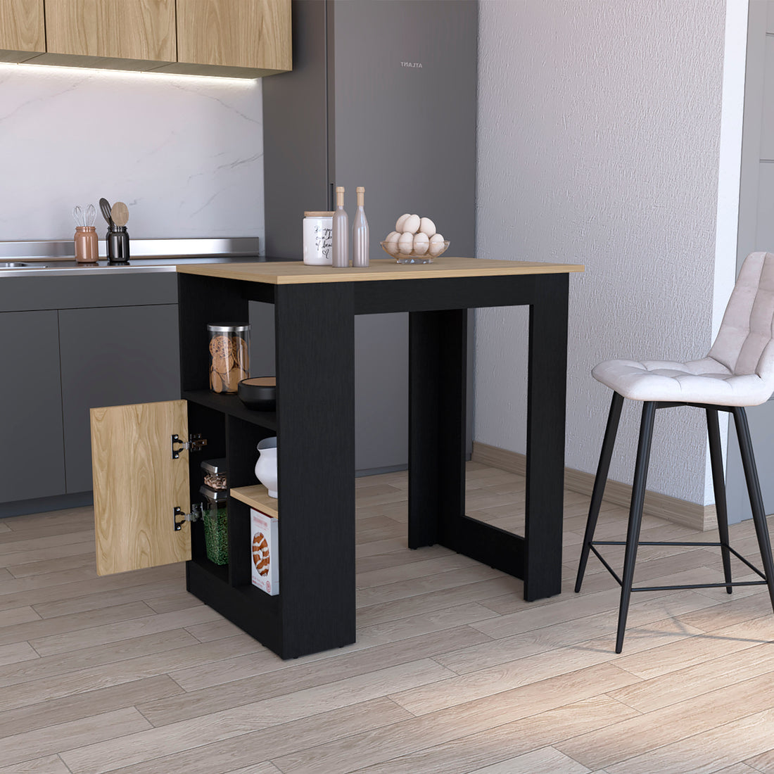 Stirling Kitchen Island With 1 Door Cabinet Push To Open System And Side Shelves Black Natural Oak Black Particle Board